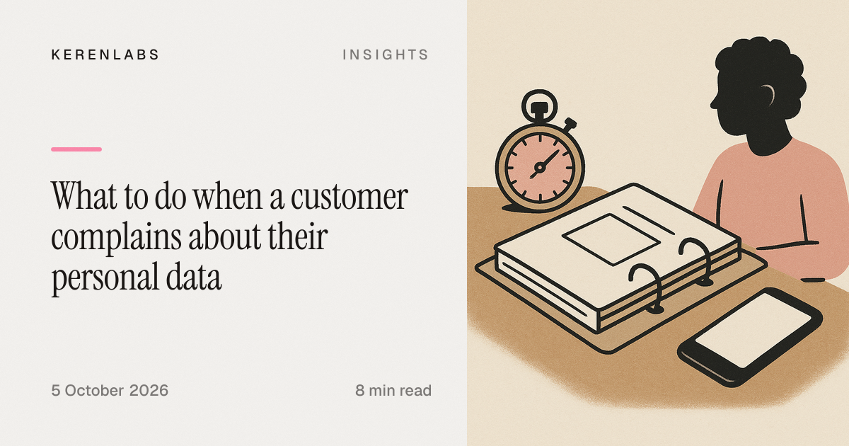 An illustration of an open ring binder beside a stopwatch and a smartphone, for an article on handling customer complaints about personal data.