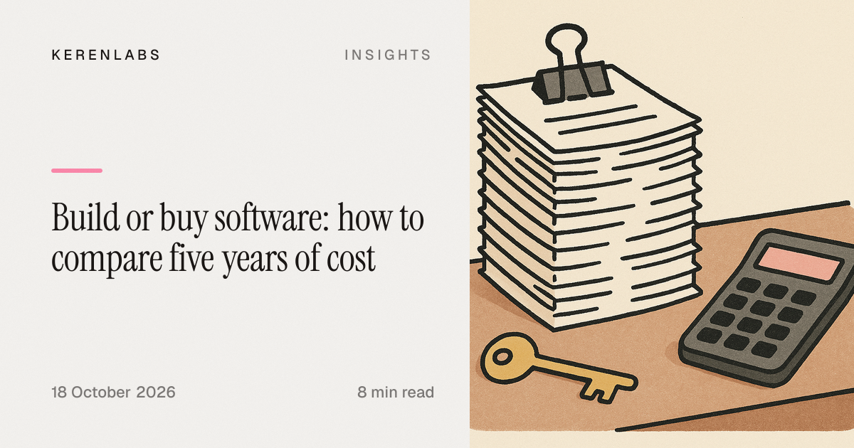 A brass key on a desk beside a stack of invoices and a calculator, illustrating the choice between owning and renting software.